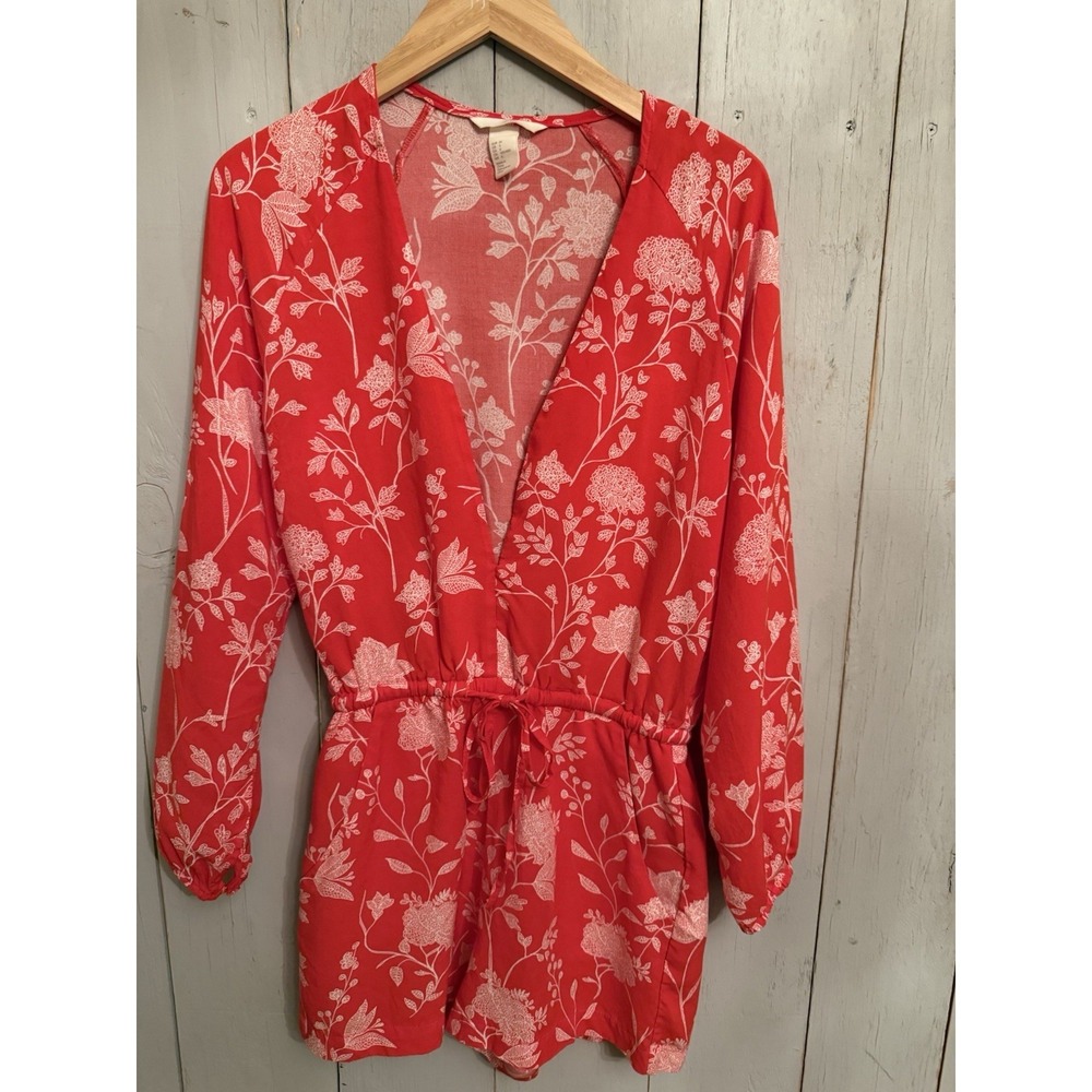 H&M Women's Red Floral Boho V-Neck Flowy Sleeve Casual Romper Sz-6 Beach Vibe‎